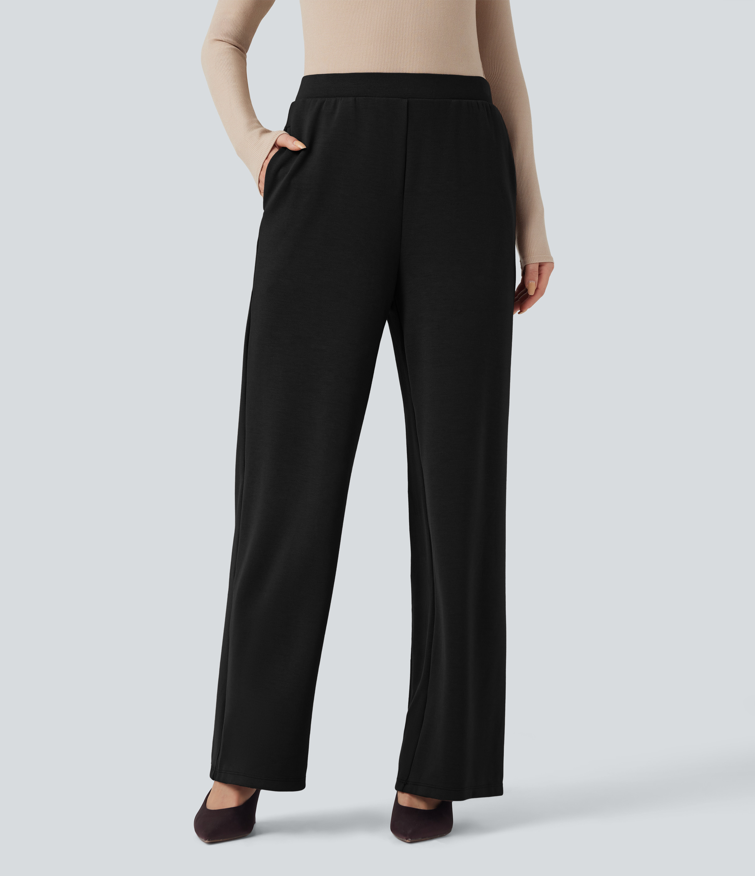 Halara High Waisted Wide Leg Work Pants with Pockets - Black - XS(regular) sweatpants jogger pants stacked sweatpants cargo joggers | HALARA