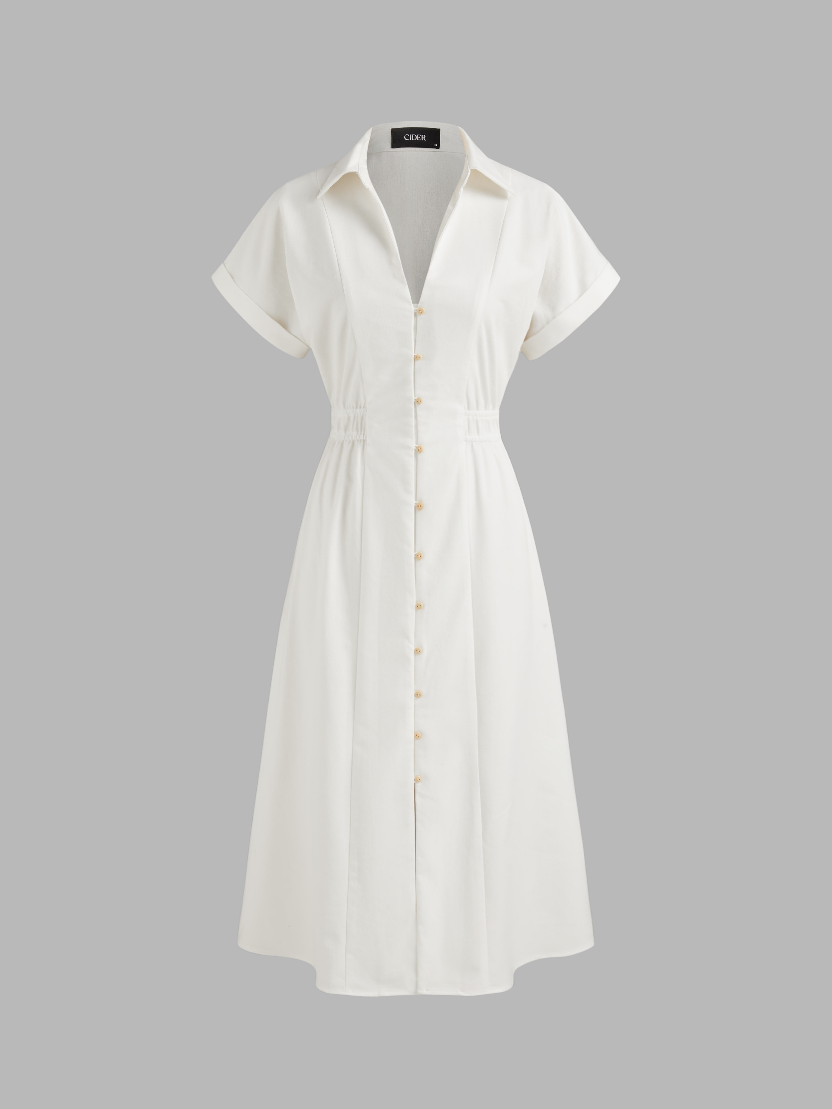 Linen-blend Linen-blend Collar Solid Shirred Button Midi Shirt Dress For Work | Cider