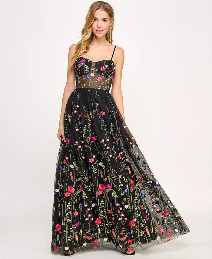 Juniors' Floral-Embroidery Illusion-Corset Gown, Created for Macy's | Macy's