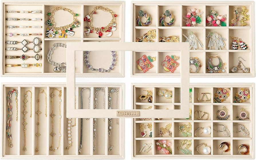 Frebeauty Stackable Jewelry Trays, Velvet Drawer Jewelry Organizer with Glass Lid,5 in 1 Multi-Fu... | Amazon (US)