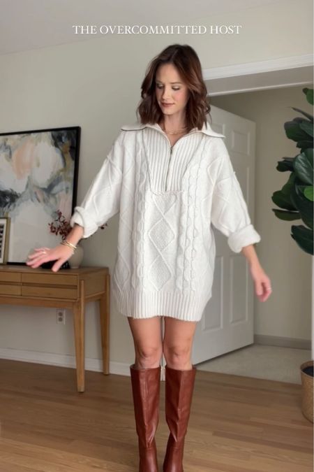 White sweater dress : wearing s (fits shirt - I’m 5’7)
Brown boots 

Tall boots // leather boots // thanksgiving outfit idea // thanksgiving outfits 

#LTKstyletip #LTKHoliday #LTKSeasonal