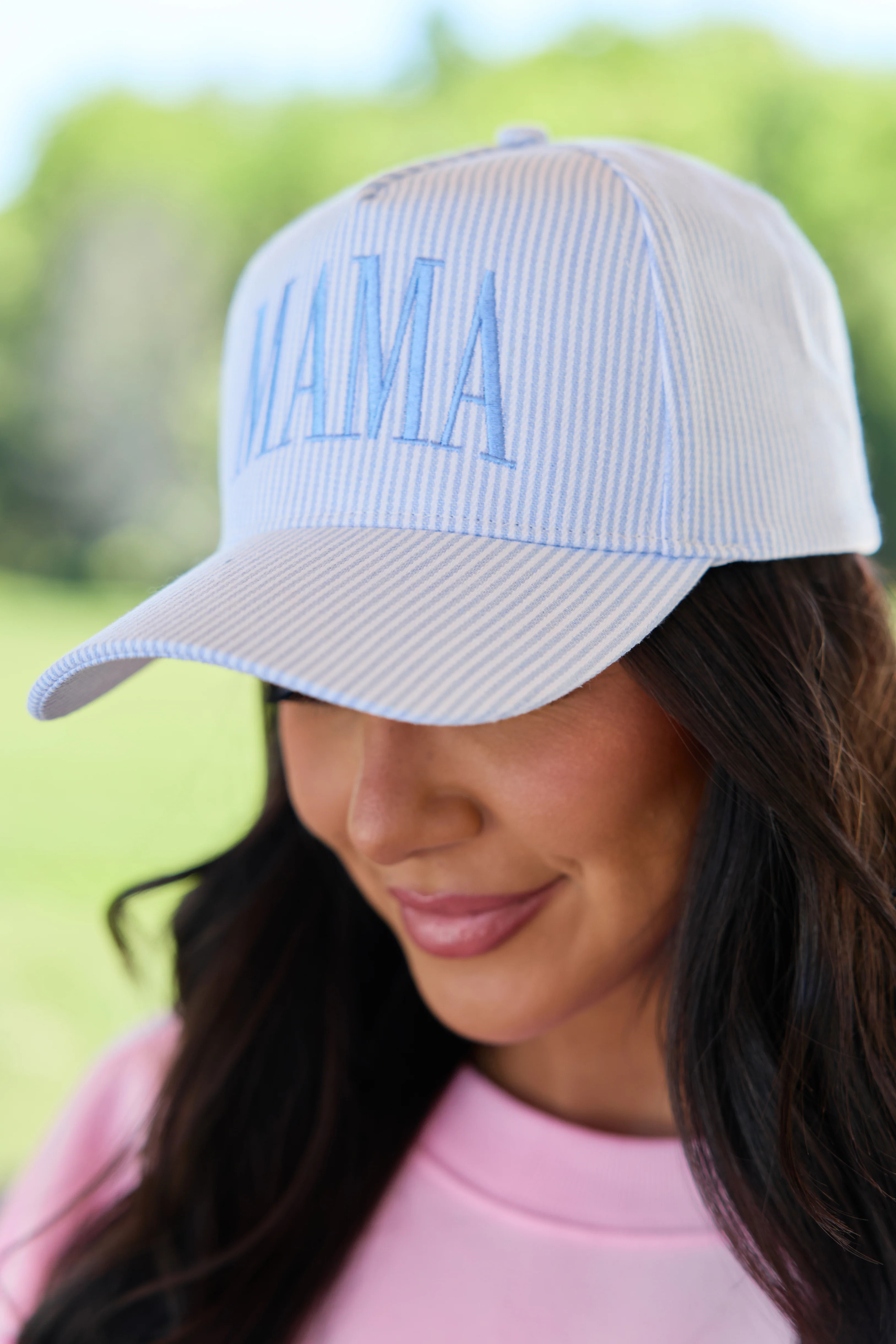 Blue Striped Mama Trucker Hat DOORBUSTER | Pink Lily
