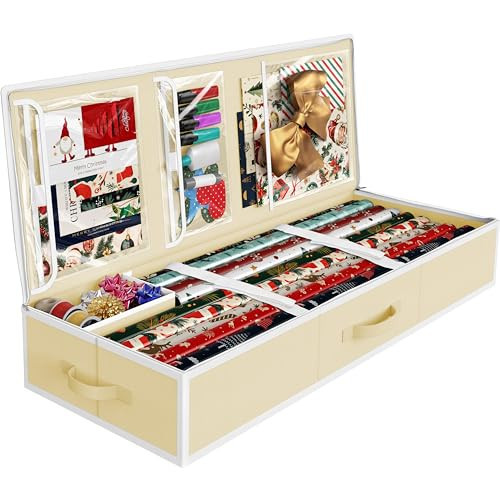 Simple Houseware 41.5" Wrapping Paper Storage Organizer - Fits 40 Rolls with Adjustable Straps, Interior Divider for Ribbons & Bows, 3 Clear Pockets for Gift Bags & Tools, 41.5''L x 16''W, Beige | Amazon (US)