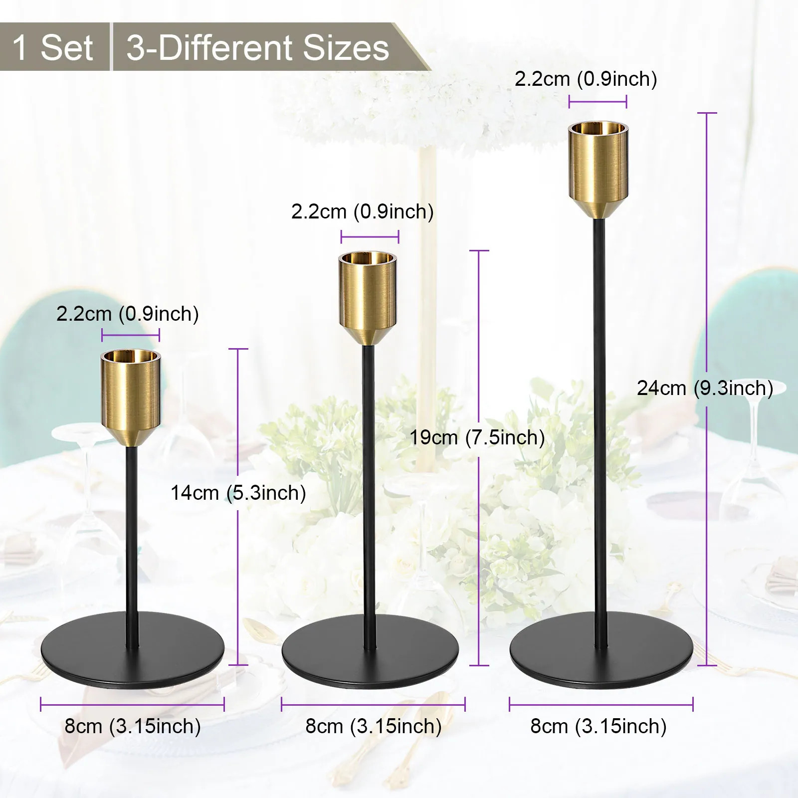 Candle Holders Set of 3 Taper Metal Gold and Black Long Candlestick Holders - Gold, Black | Bed Bath & Beyond