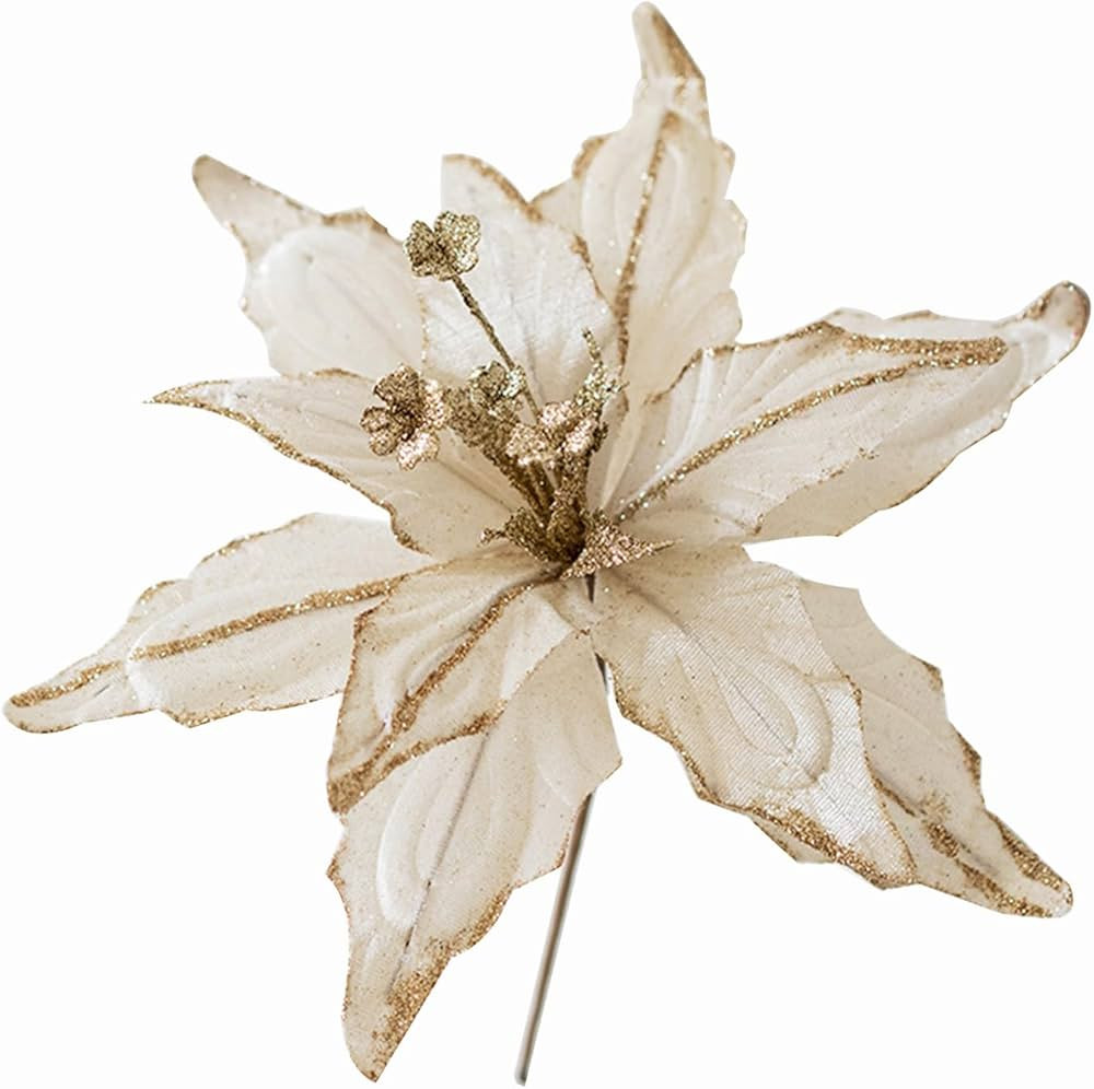 6 pcs Christmas Poinsettia Artificial Glitter Flowers Ornaments Picks 11" for Christmas Tree Wrea... | Amazon (US)