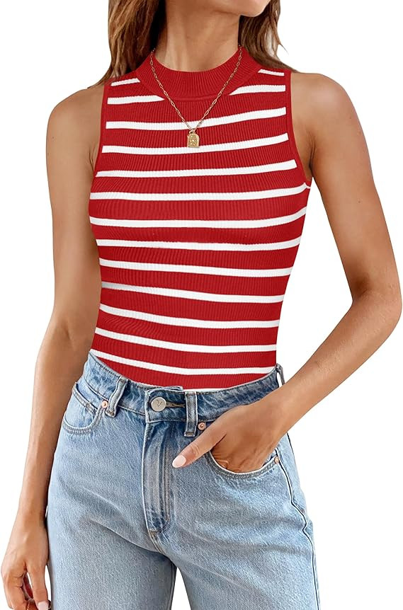 ZESICA Womens Ribbed Tank Tops High Neck Slim Fitted Striped Basic Casual Summer Sleeveless Shirt... | Amazon (US)