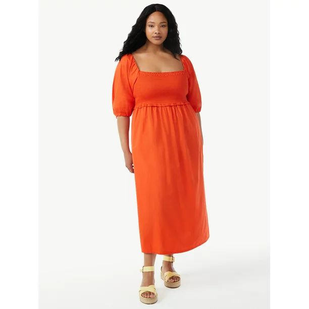 Free Assembly Women's Smocked Midi Dress with Convertible Sleeves - Walmart.com | Walmart (US)