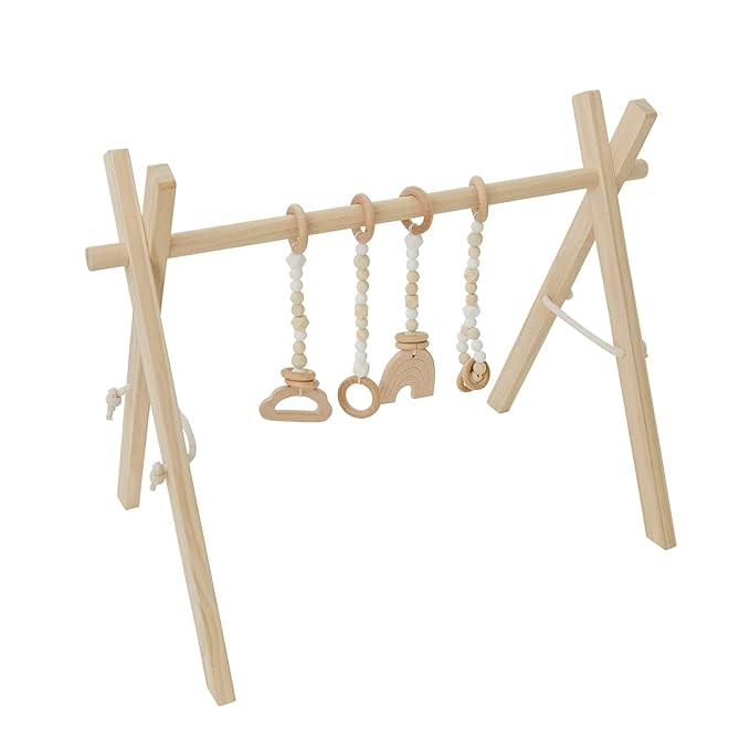 Poppyseed Play Wooden Baby Play Gym, Foldable Frame w/Hanging Bar, Tied Cotton Cord & Wooden Toys... | Amazon (US)
