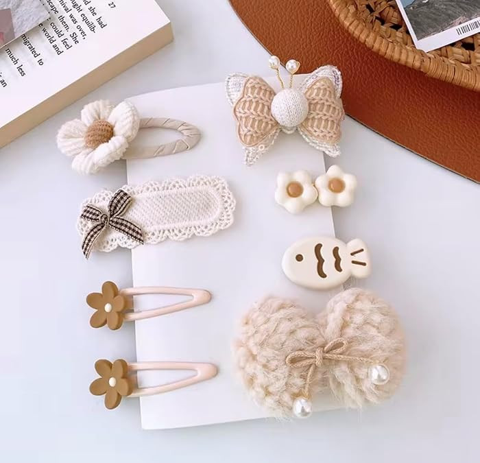 Hair Clips for Baby Girls-8 Pcs Beige Hair Accessories with Knitted Flower, Bow, Butterfly Design... | Amazon (US)
