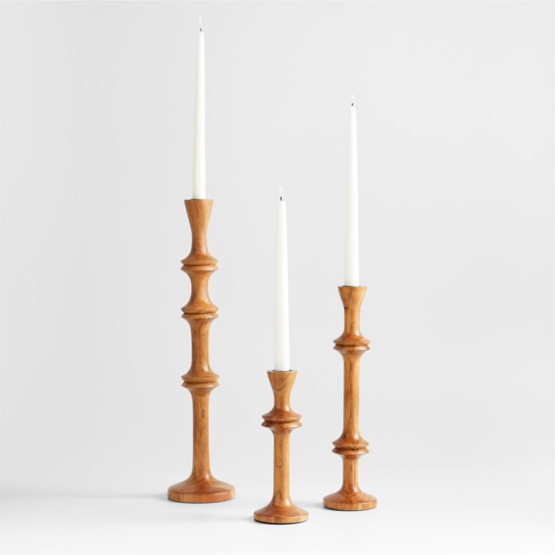 Century Natural Acacia Wood Taper Candle Holders, Set of 3 + Reviews | Crate & Barrel | Crate & Barrel