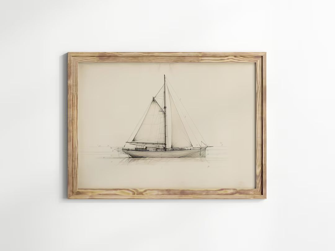 Sailboat Sketch Print Nautical Decor Vintage Maritime Art - Etsy | Etsy (US)