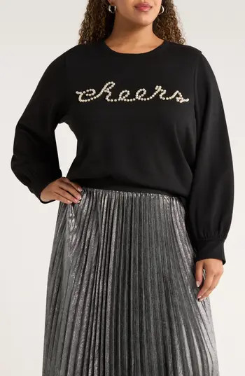 Caslon® Grethen Cheers Balloon Sleeve Sweatshirt in Black Cheers Ember at Nordstrom Rack, Size 1 X | Nordstrom Rack