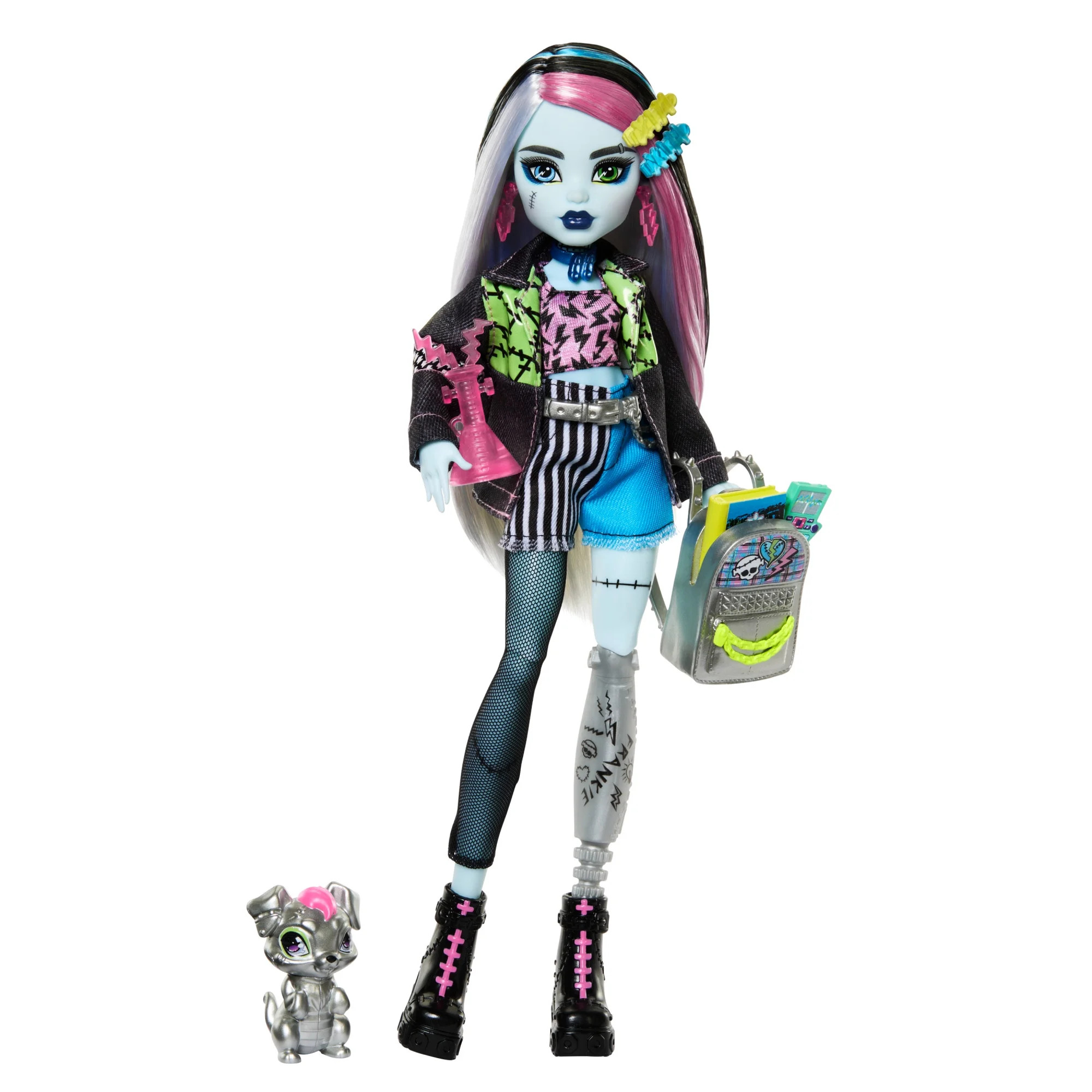 Monster High Frankie Stein Fashion Doll in Denim Jacket with Pet Watzie, Backpack & Accessories | Walmart (US)
