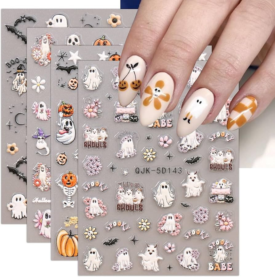 JMEOWIO 3D Embossed Halloween Nail Art Stickers Decals Self-Adhesive 5D Cute Ghost Star Nail Supp... | Amazon (CA)