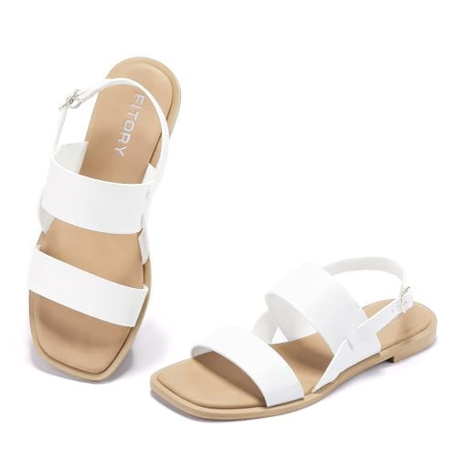FITORY Women's Flat Sandals Fashionable Square Open Toe Adjustable Buckle Slippers Summer White Size 9 | Amazon (US)