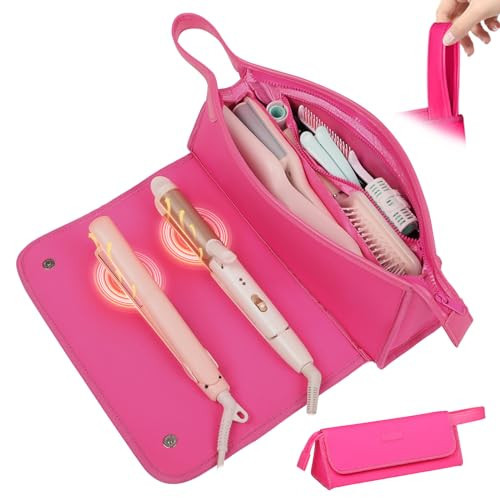 JKAOO Hair Tools Travel Bag and Heat Resistant Mat, 2 in 1 Portable Organizer Hair Travel Case for Curling Iron, Hair Straightener, Flat Irons, PU Hangable Handle, Neoprene (Vibrant RoseRed) | Amazon (US)