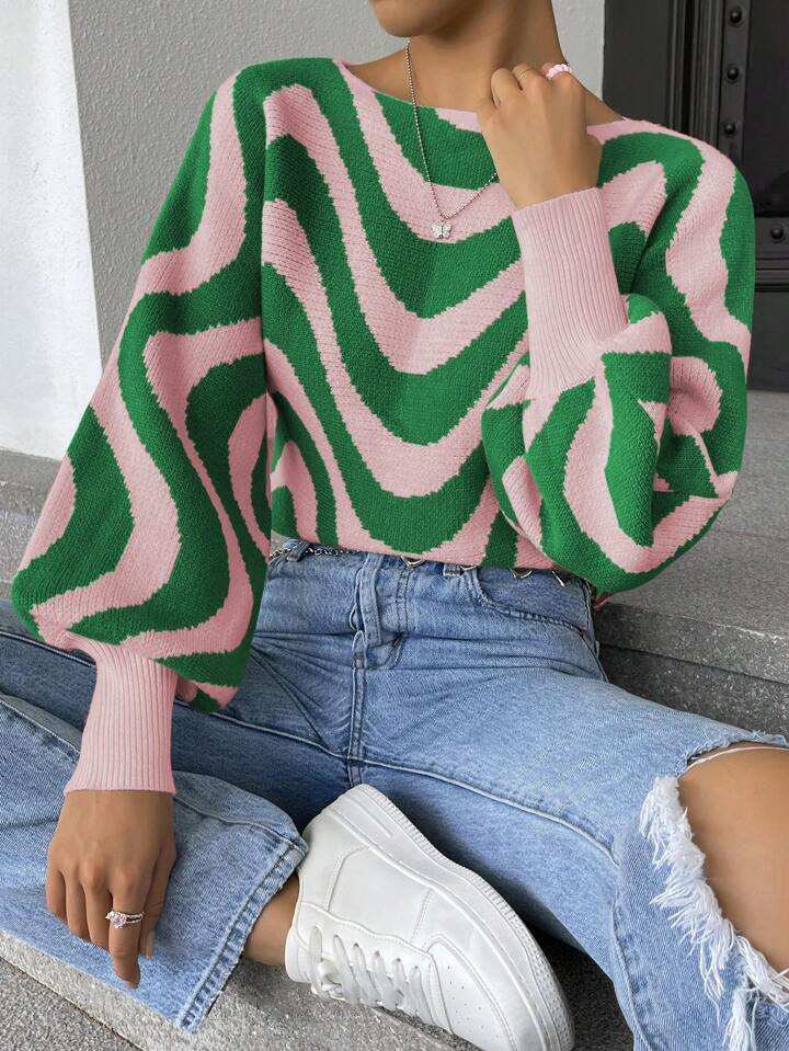 Wave Striped Pattern Lantern Sleeve Sweater | SHEIN