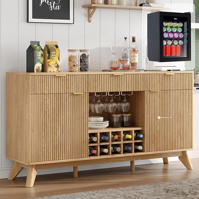 60" Coffee Bar Cabinet with Fridge Space, Fluted Wine Bar Cabinet with Wine Rack and Glass Holder... | Amazon (US)
