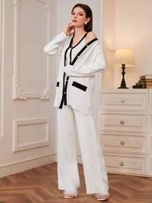 SHEIN Mulvari Contrast Trim Drop Shoulder Cardigan & Knit Top & Knit Pants | SHEIN