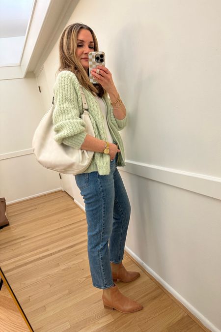 This slouchy bag has been a bestseller! Love the soft white and perfect size! A great spring bag! Kohls, Sezane cardigan, Levi’s jeans, frankie4 boots, spring outfit 

#LTKsalealert #LTKfindsunder50 #LTKitbag