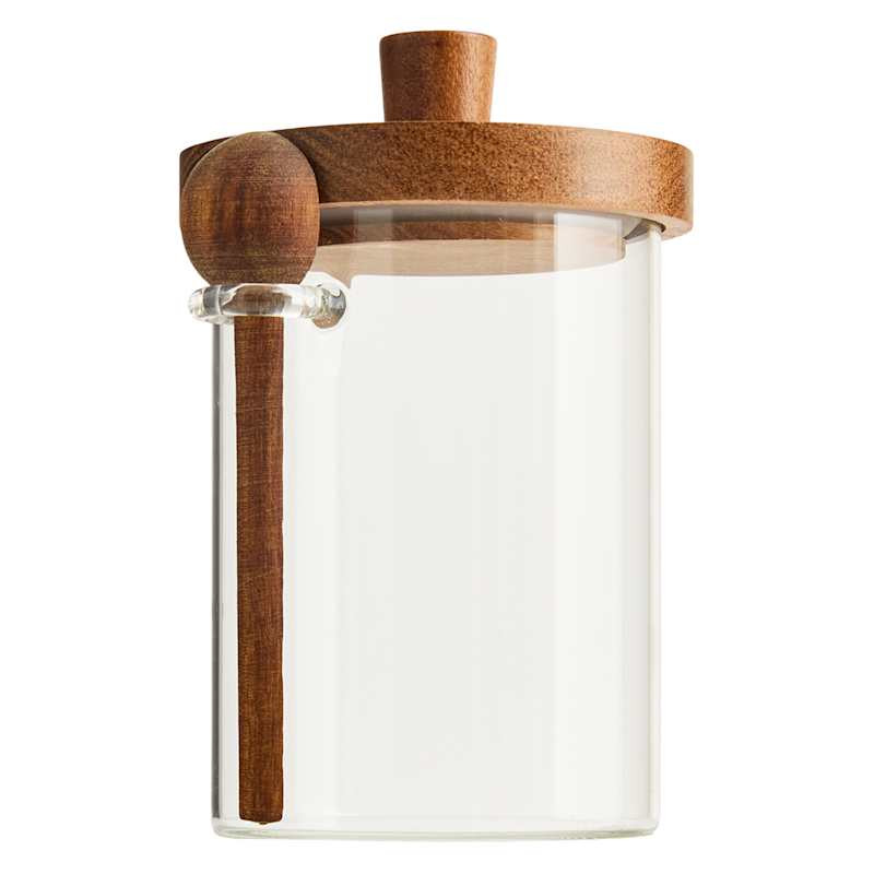Small Glass Canister with Acacia Wood Lid & 1tsp Spoon, 20oz | At Home