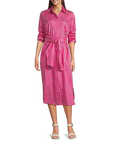 J.McLaughlin Orla Stripe Shirt Collar Long Sleeve Tie Waist Button Front Midi Dress - S | Dillard's