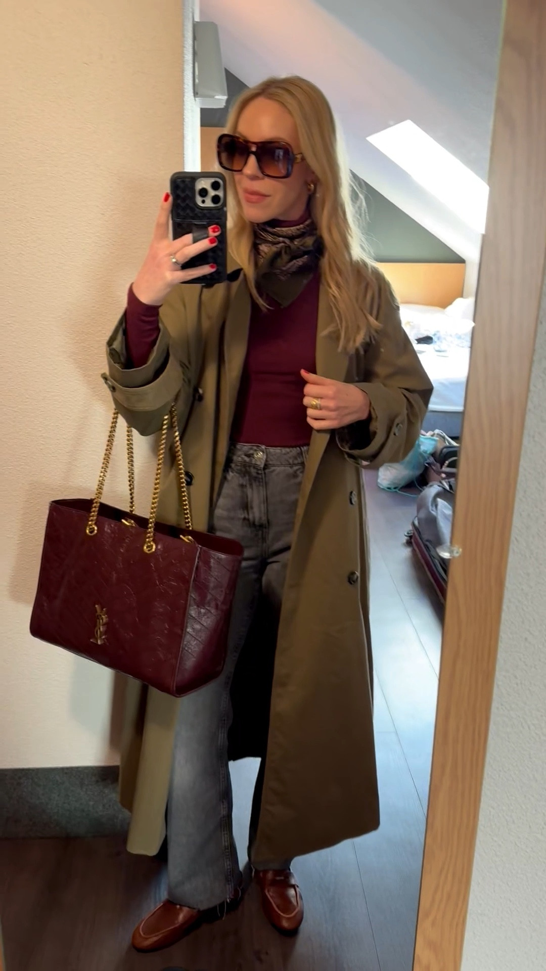 Travel look, olive trench coat, silk scarf, burgundy YSL tote, @Zara loafers, spring outfit 

#LTKdayinmylife #LTKootd #LTKTravel
