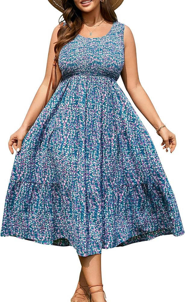 RWJ Plus Size Summer Sleeveless Tank Dress for Women 2025 Smocked Casual Loose Sundress Flowy Beach Tiered Long Midi Dresses | Amazon (US)