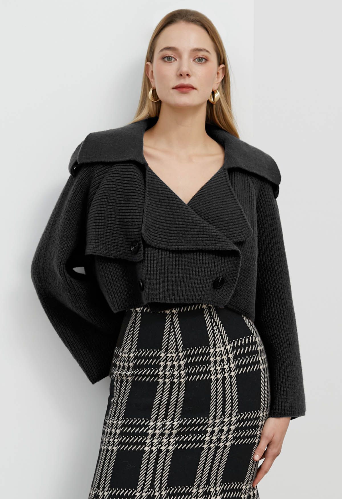 Flap Collar Knitted Crop Cardigan in Black | Chicwish