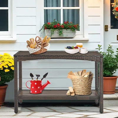 Outdoor Console Table For Patio Narrow Bar Table 45" Long Wicker Sofa Serving Multifunctional Buffet Bar Sideboard Table 2-Shelf Storage Organizer Wit | Wayfair North America