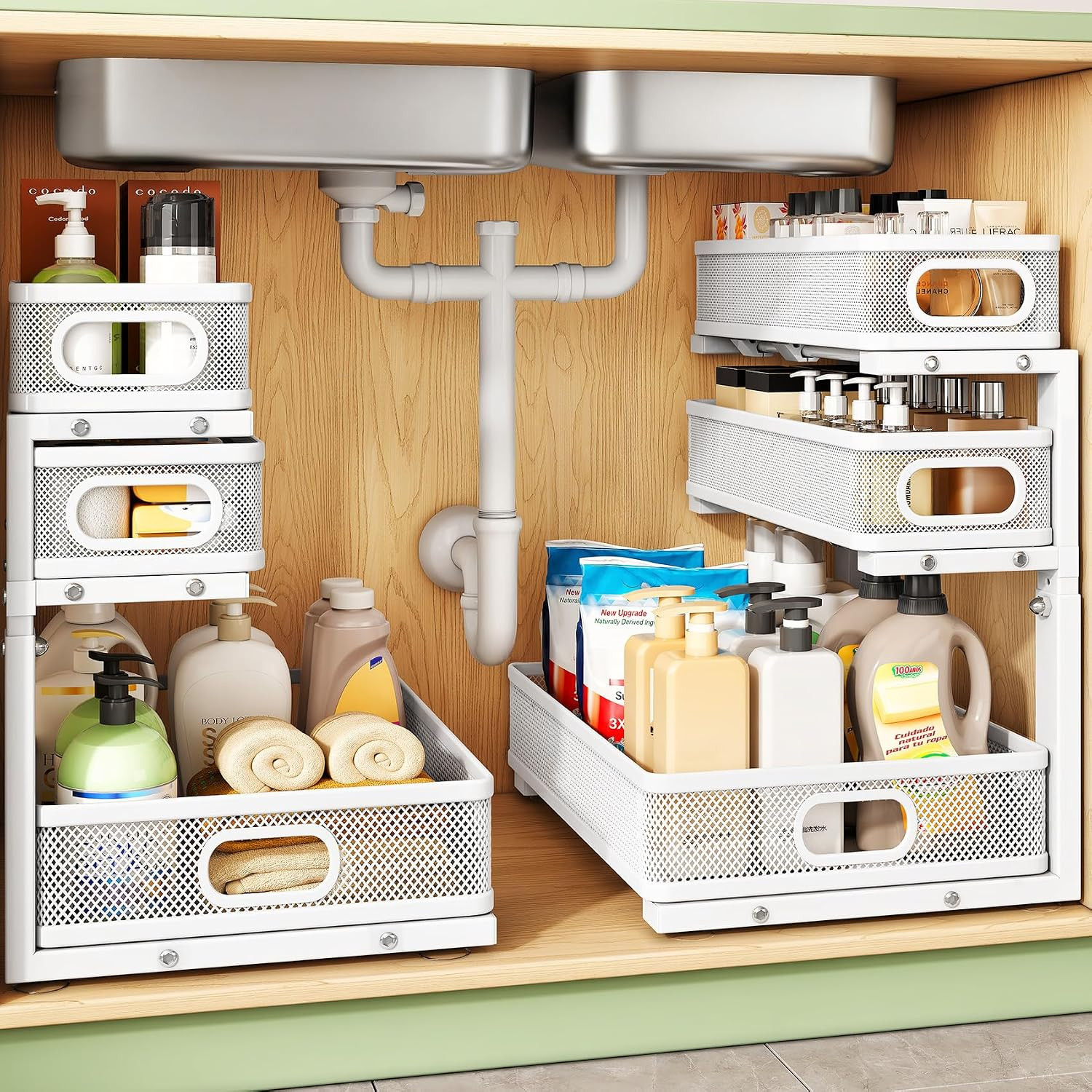 Kitstorack Under Sink Organizer, 2-Pack 3-Tier Height Adjustable Thickened Metal Pull out Cabinet Organizer Shelf, Slide out Storage Drawer Rack for Bathroom Kitchen Pantry Home Laundry Organization | Amazon (US)