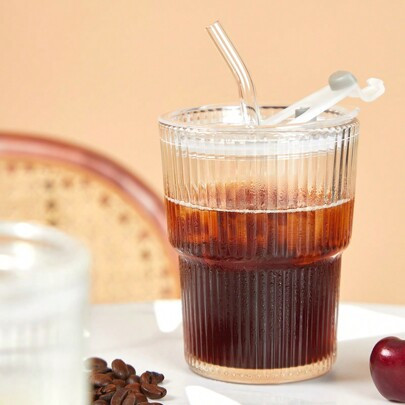 1pc Vertical Striped Glass Cup With Lid, Transparent Glass Cup With Straw, Suitable For Various Beverages Of Coffee And Milk,High Value, For Home And | SHEIN
