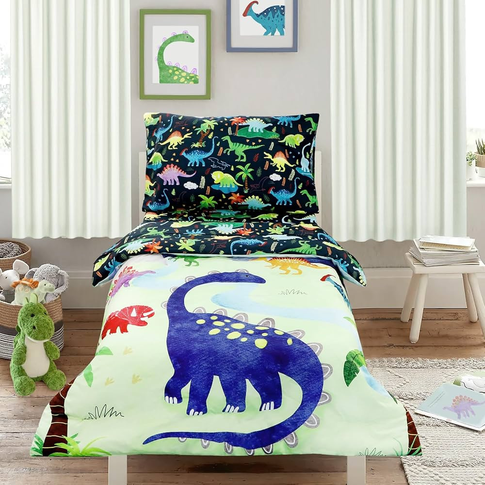 4 Piece Toddler Bedding Set, Ultra Soft and Breathable Cartoon Dinosaur Toddler Comforter Sets fo... | Amazon (US)