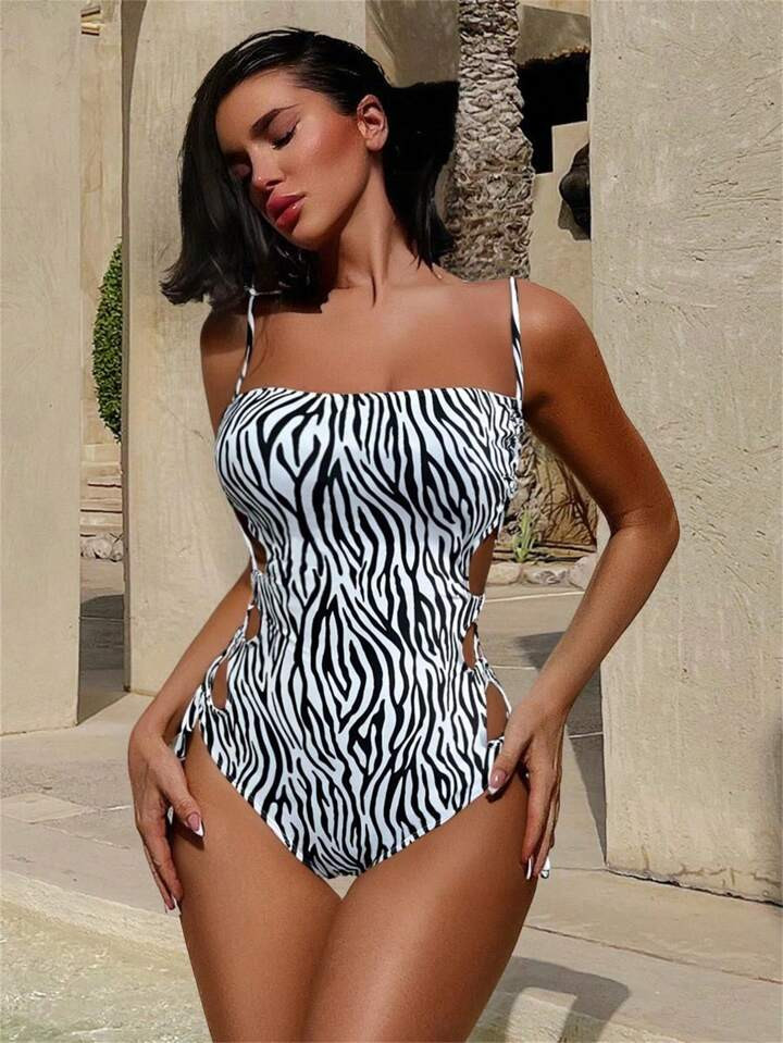 SHEIN Women's Random Animal Print Hollow Out Lace-Up One-Piece Swimsuit, Summer | SHEIN