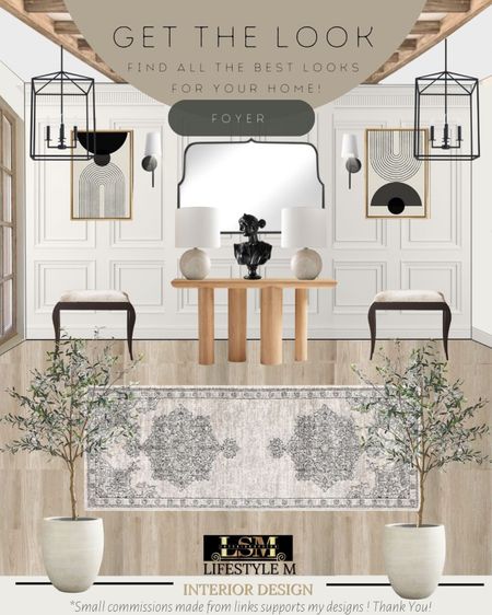 Transitional Foyer Inspiration. Recreate this look with these furniture and decor picks. Wood floor tile, tree planter pot, faux fake olive tree, foyer runner rug, wood console table, round table lamp, black statue decor, black upholstered bench, wall mirror, lantern foyer pendant light, wall sconce light, wall art.

#LTKstyletip #LTKhome #LTKFind