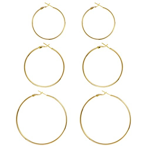 Big Gold Hoop Earrings for Women Hypoallergenic 925 Sterling Silver Post Thin Loop 14K Gold Plated Hoop Earrings Set for Women, 3 Pairs (50mm, 60mm, 70mm) | Amazon (US)