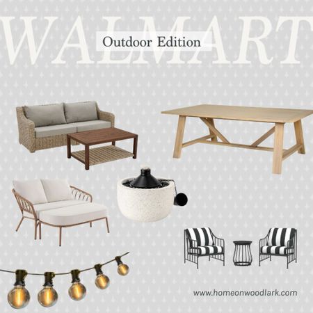 Walmart has some great affordable options for outdoor furniture.  

Walmart teak Dave and Jenny Marrs table.  Outdoor striped chair set.  Outdoor string lights.  Outdoor chaise lounge.  Outdoor tabletop fire pit Walmart.  Walmart outdoor sofa.  

#LTKSeasonal #LTKHome #LTKStyleTip