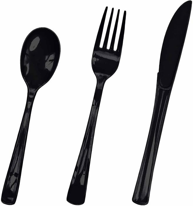 HEIPINIUYE 75 Pack Black Plastic Cutlery Heavy Duty Black Plastic Knives Forks and Spoons Disposa... | Amazon (US)