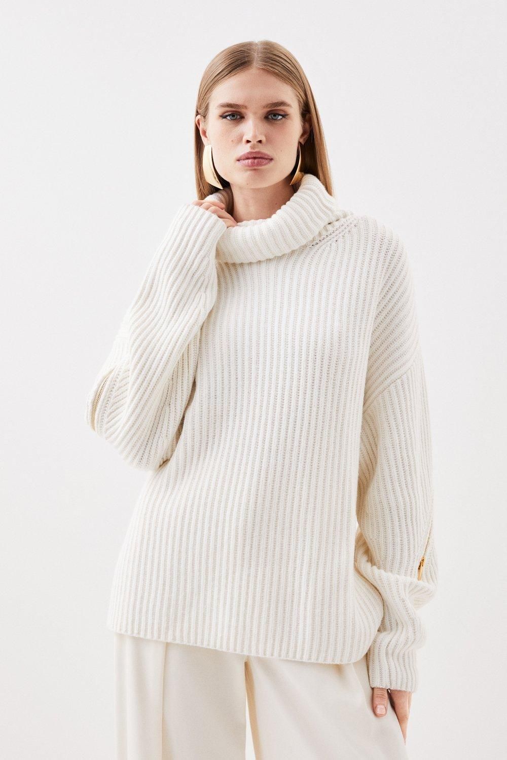 Cashmere Wool Mid Gg Roll Neck Knit Zip Detail Jumper | Karen Millen UK + IE + DE + NL
