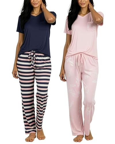 Real Essentials 2 Pack: Women's Comfy Pajama Sets - Short Sleeve Ladies Loungewear Sleepwear PJs ... | Amazon (US)