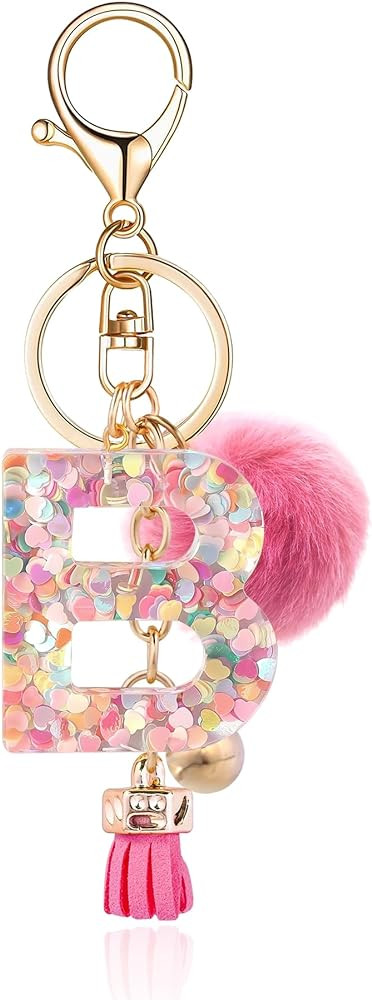 Resin Alphabet Initial Letter Keychain Keyring for Women Purse Handbags With Fur Ball Pom | Amazon (US)