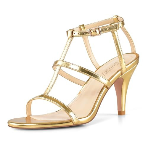Gold Heels, Strappy Heel Sandals, T-strap Heels for Women Open Toe High Heeled Gladiator Dressy Shoes - Gold 9 | Amazon (US)