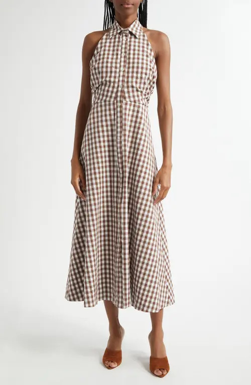 Veronica Beard Mackey Gingham Halter Neck Stretch Cotton Dress in Light Chickory Dove at Nordstrom, Size 4 | Nordstrom