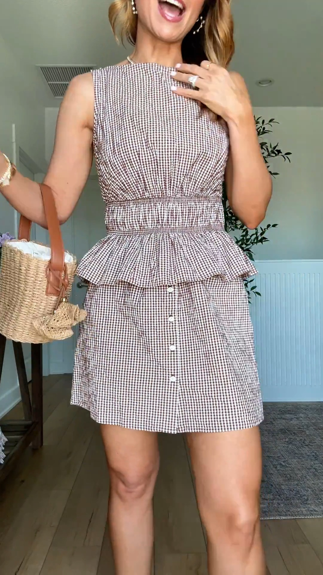 New target arrivals I am loving for spring and summer. Matching gingham skirt set. Vacation outfits. Easter outfits. Resort wear. Matching sets. Neutral wedges and slide sandals (all TTS). Spring outfits. Spring style. Spring break outfits. Every day outfits. Elevated casual outfits. Wearing XS in both, could side down in the skirt, but it does have an adjustable drawstring waist that you can tighten!

#LTKgrwm #LTKootd #LTKTravel