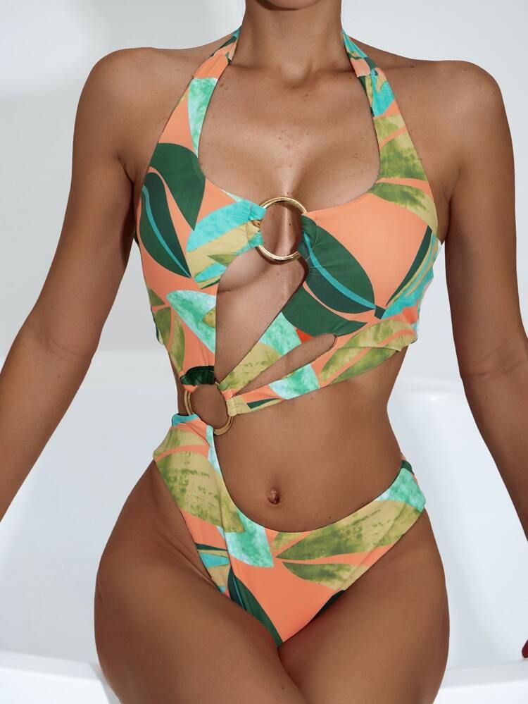 Tropical Ring Linked Halter One Piece Swimsuit | SHEIN