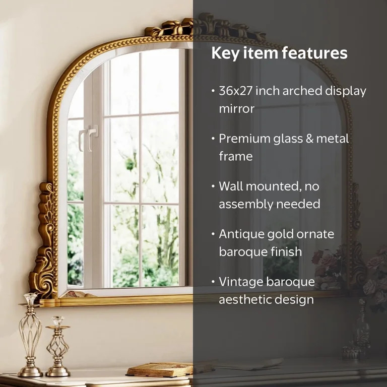 BEAUTYPEAK 36"x 27" Arched Vanity Mirror Vintage Decor Mirror Wall Mounted, Antique Gold | Walmart (US)