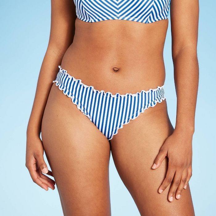 Women's Ruffle Cheeky Bikini Bottom - Shade & Shore™ Sapphire Blue & White Stripe | Target