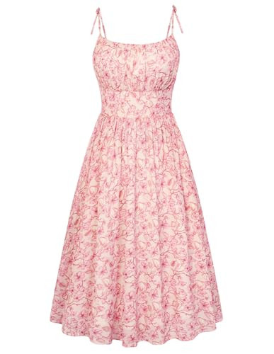Belle Poque Pink Floral Dress for Women Spaghetti Strap Midi Sundress 2026 Summer Spring A line Casual Cute Dresses M | Amazon (US)