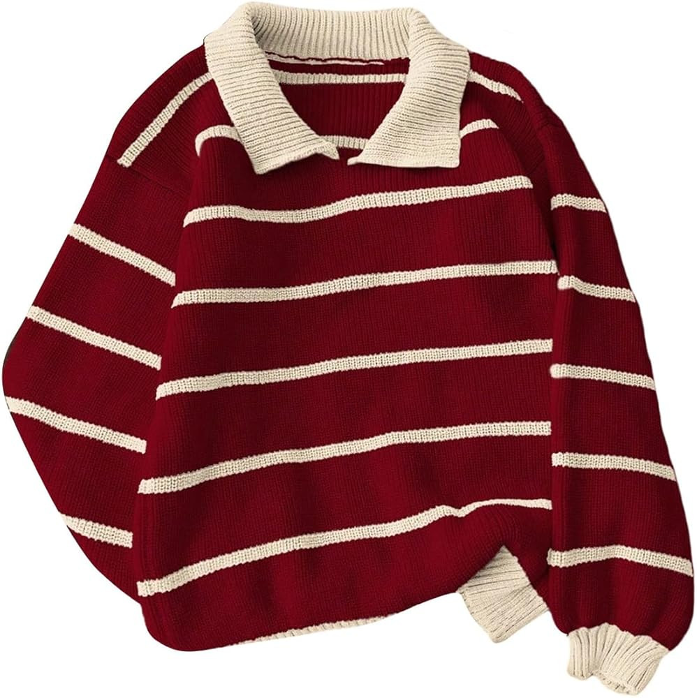 Floerns Women's Collared Striped Sweaters Preppy Oversized Knit Fall Pullover Sweater | Amazon (US)