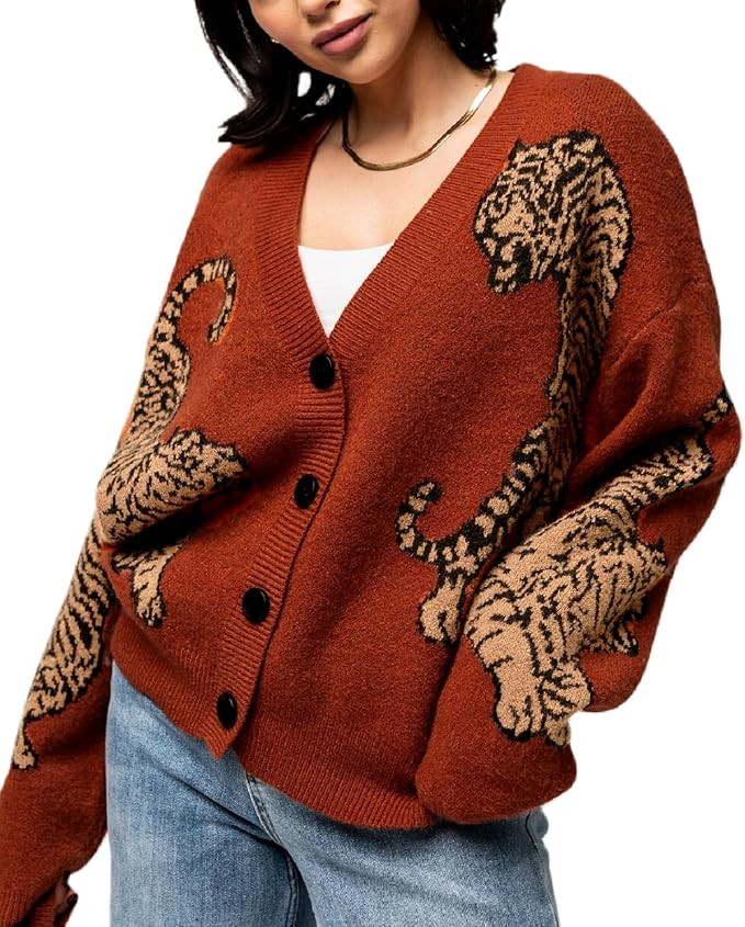 Women Tiger Print Cardigan Sweater Long Sleeve Button Down Knitwear Loose Fit Cropped Cardigan Cu... | Amazon (US)